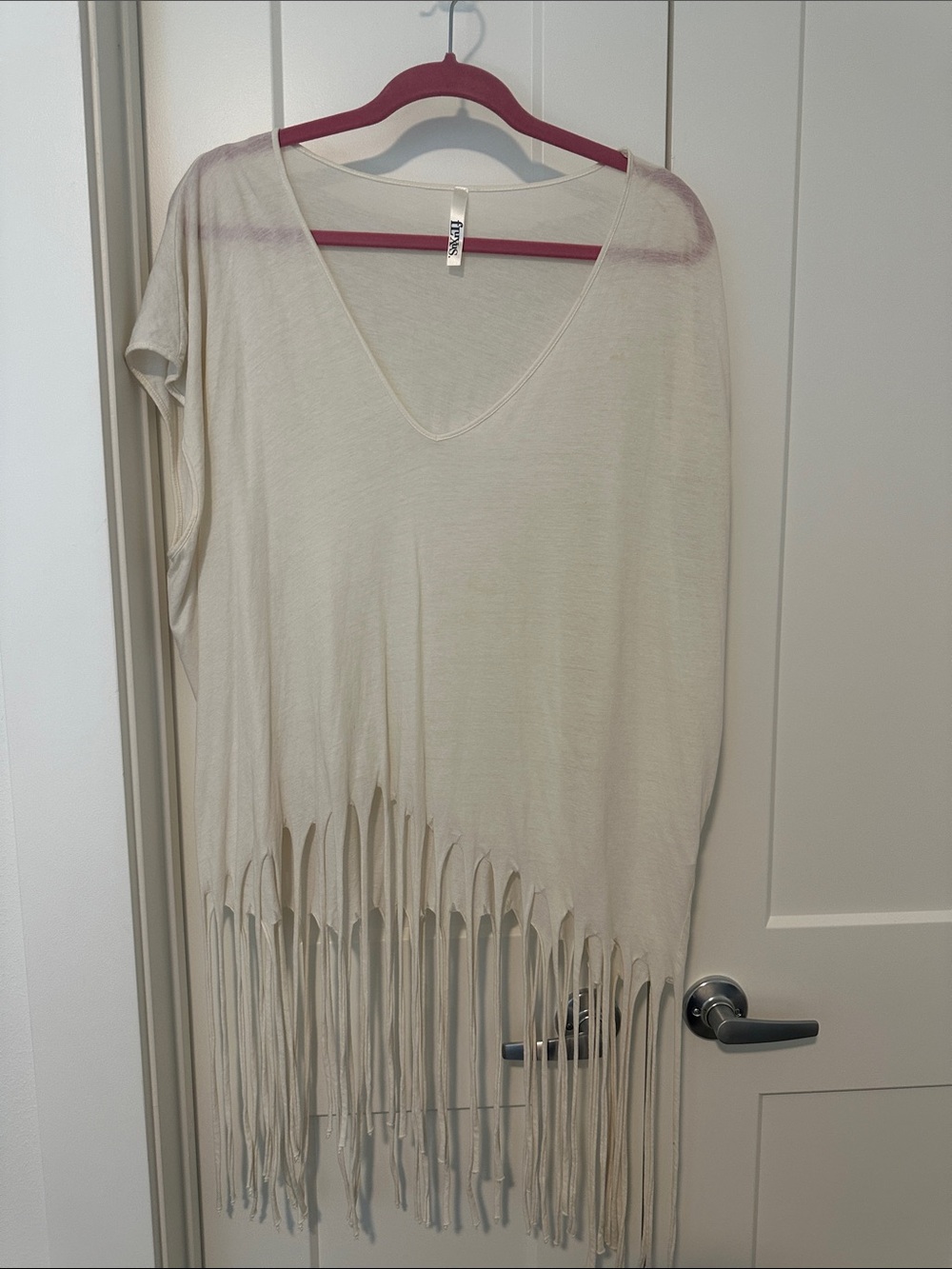 Fringed V-Neck Tunic Top in Cream